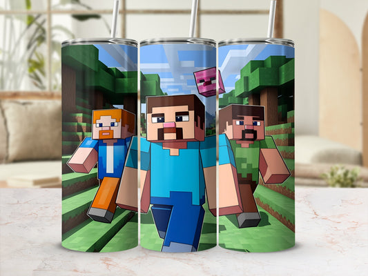 Steve and Alex Minecraft characters with a pig in a forest setting.