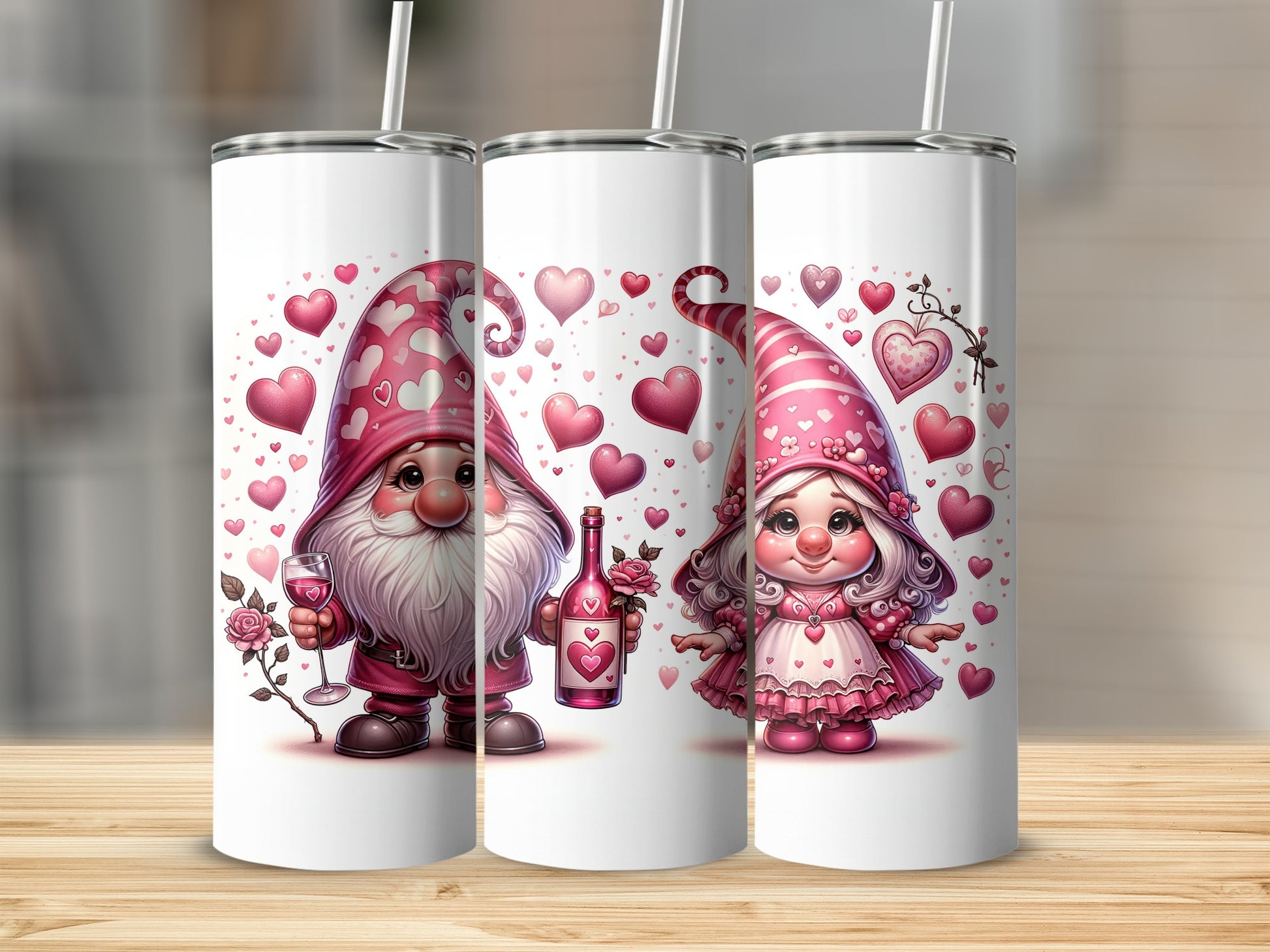 Two gnomes, one holding a wine bottle, surrounded by hearts.