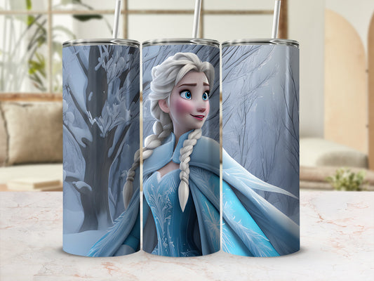 Frozen Elsa tumbler with snowy background.