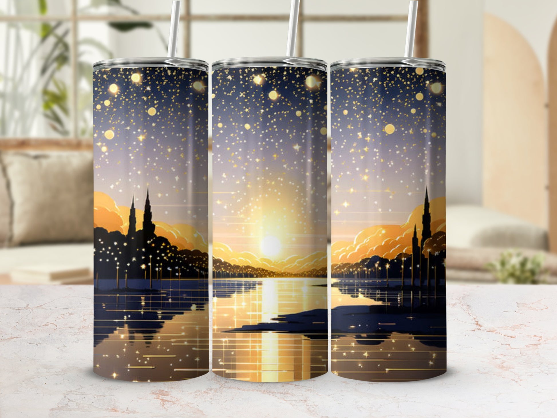 Night sky with glowing stars over a city skyline reflected in water.