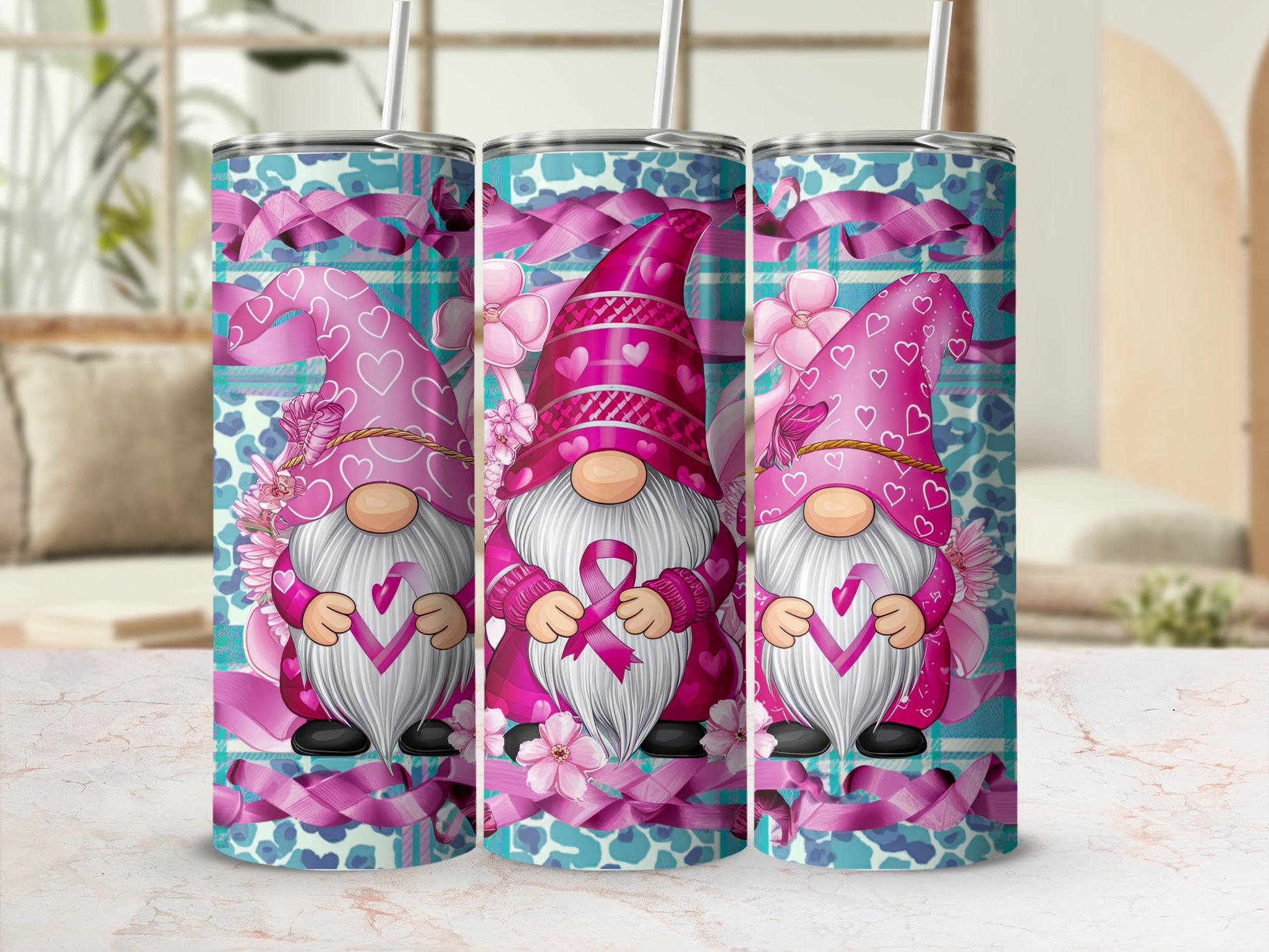 Three pink gnomes with breast cancer ribbons on a teal plaid background.