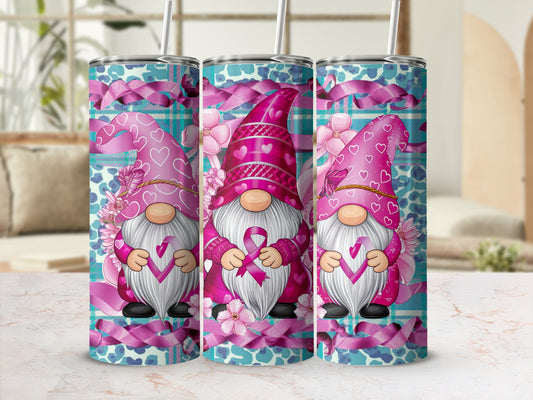 Three pink gnomes with breast cancer ribbons on a teal plaid background.