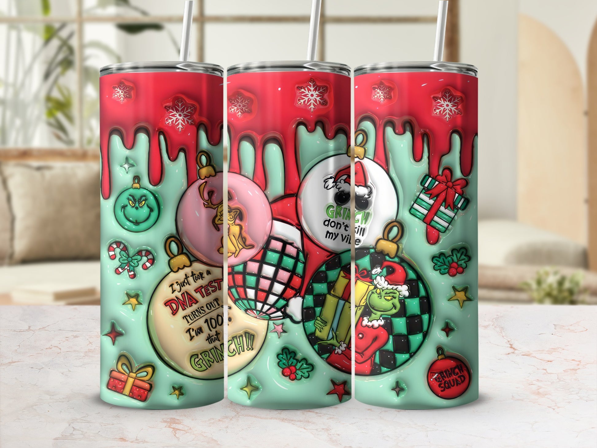 Grinch Christmas Holiday Tumbler with Colorful Ornaments
