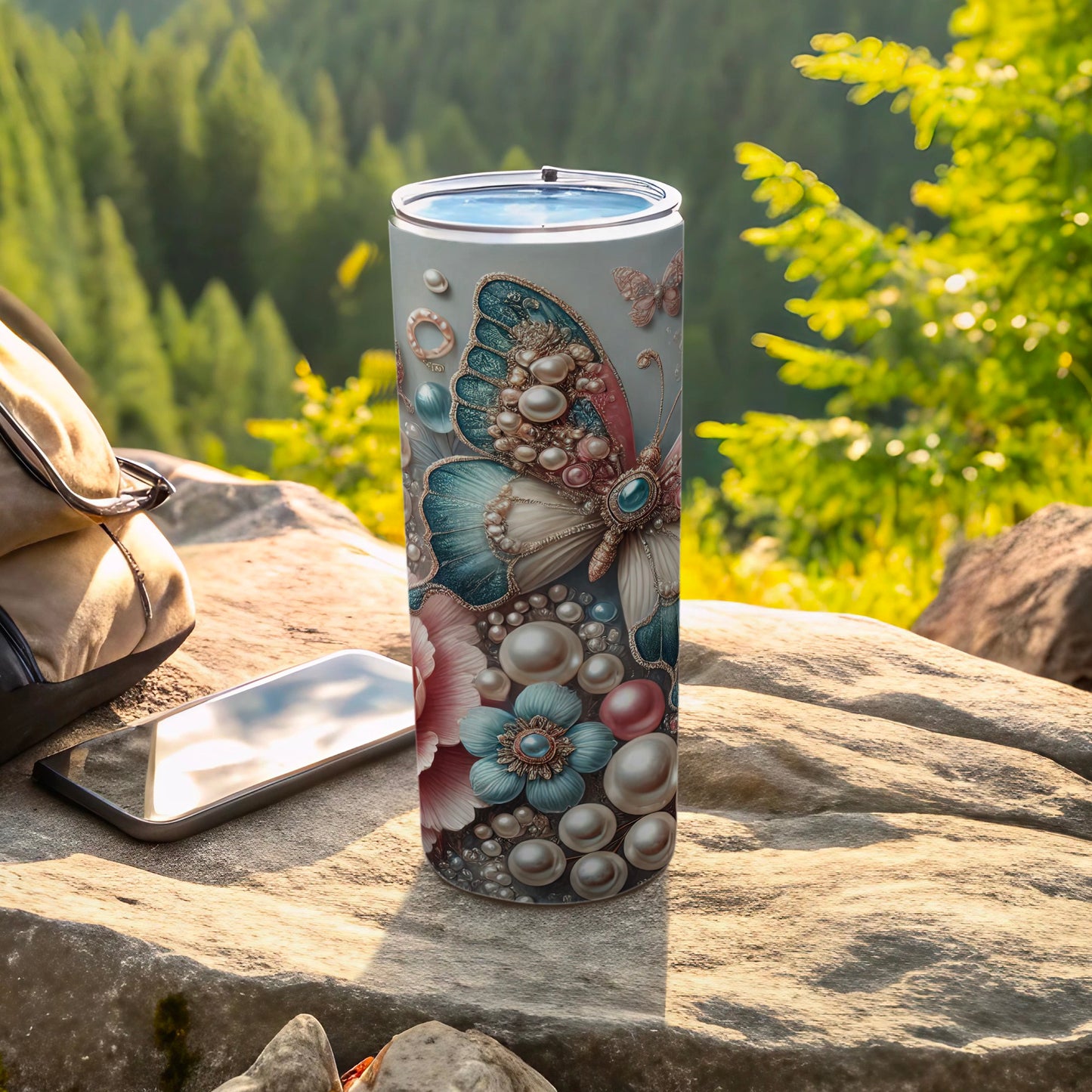 Elegant Butterfly and Pearl Design Travel Mug