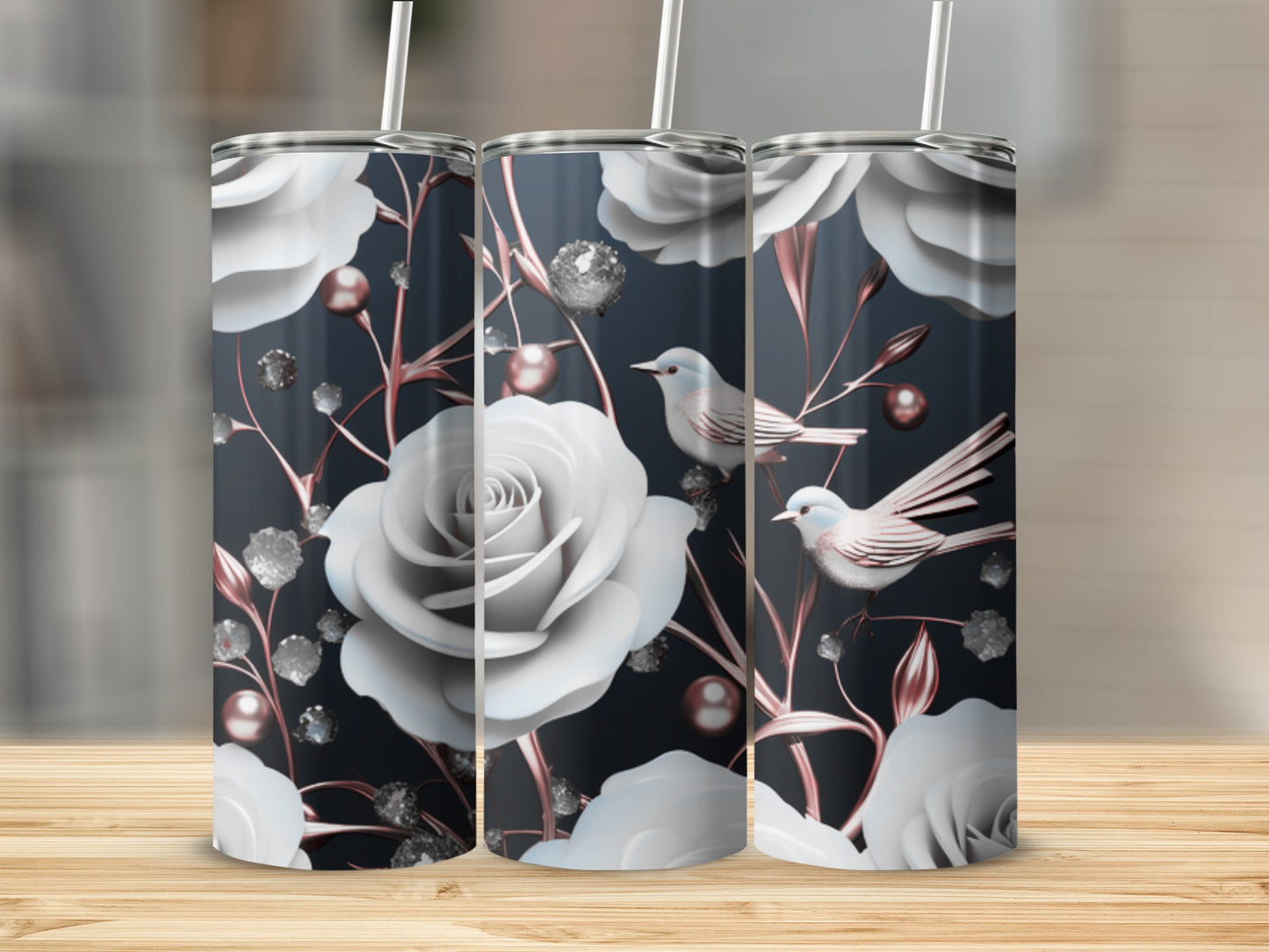 White roses and birds on a dark floral tumbler.