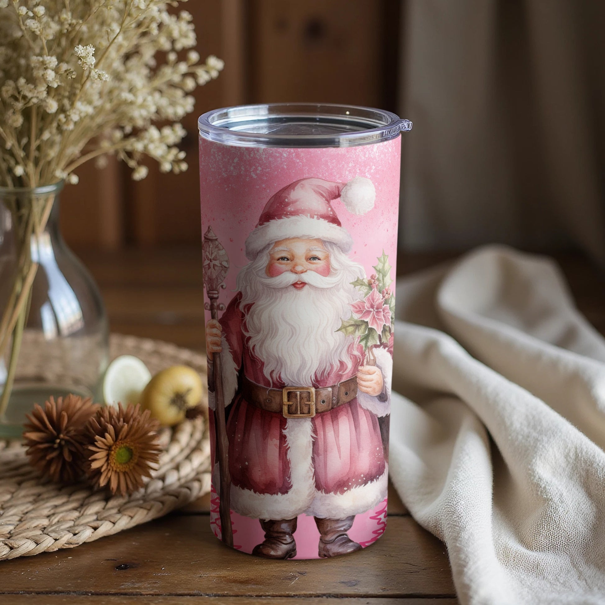 Festive Santa Claus Graphic Pink Tumbler for Holidays