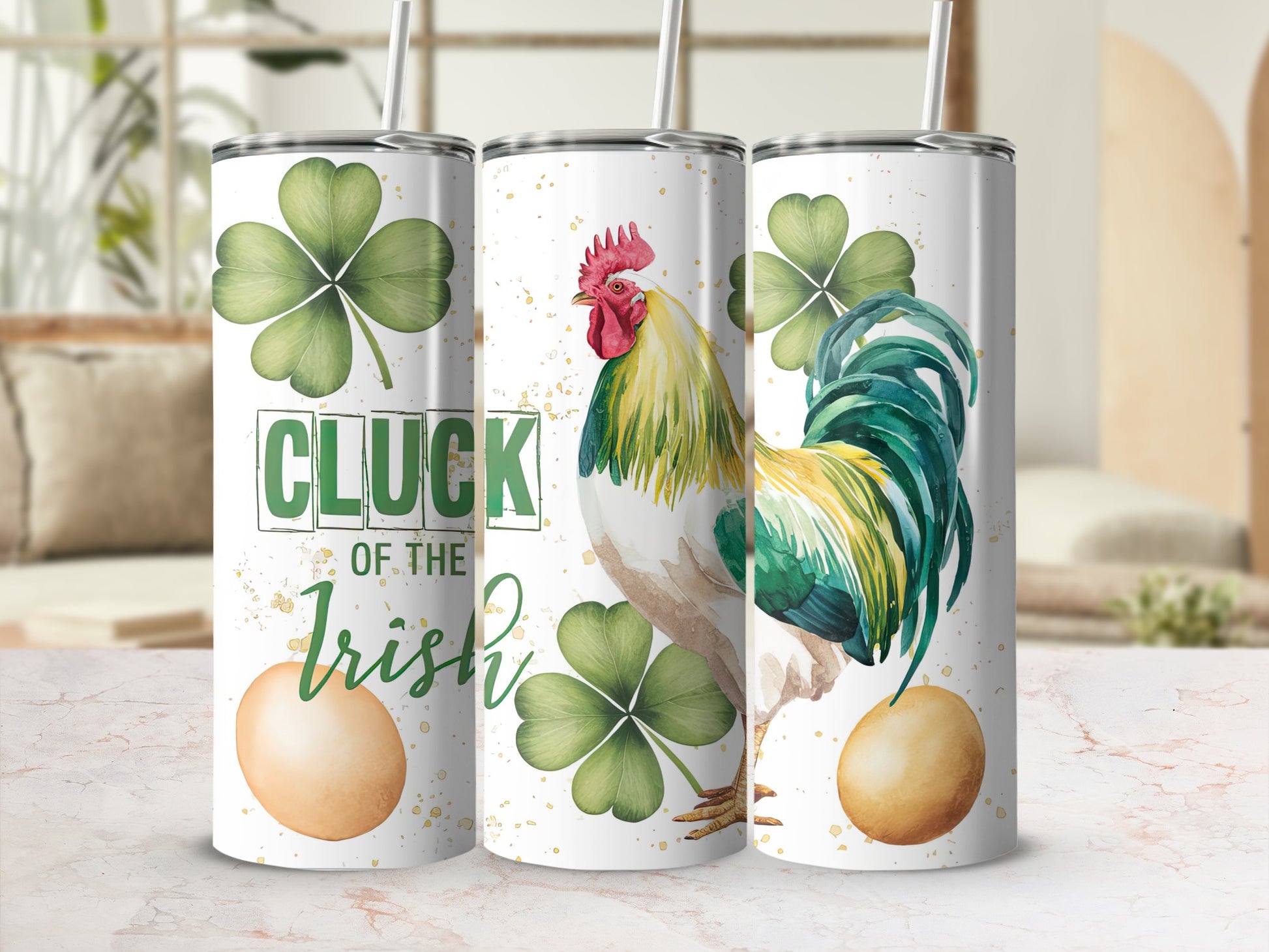 Triptych of tumblers featuring a rooster, shamrocks, and "Cluck of the Irish" text.