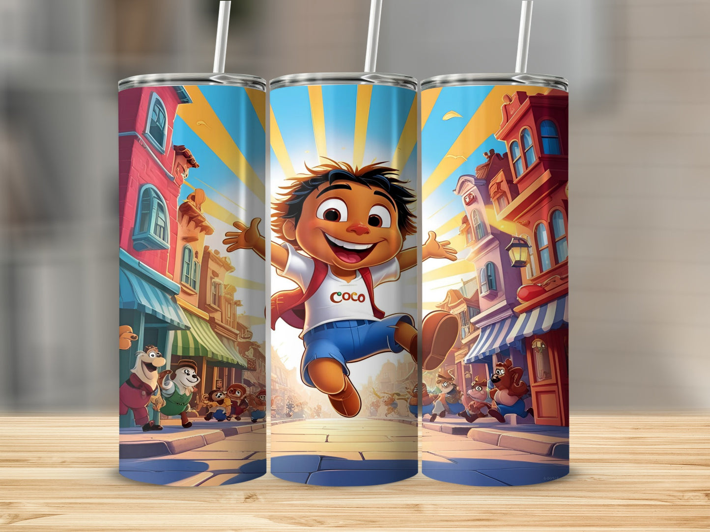Cartoon boy jumping in street with buildings and animals.