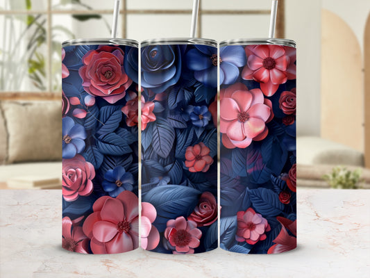 Three tumblers with a dark blue floral pattern.