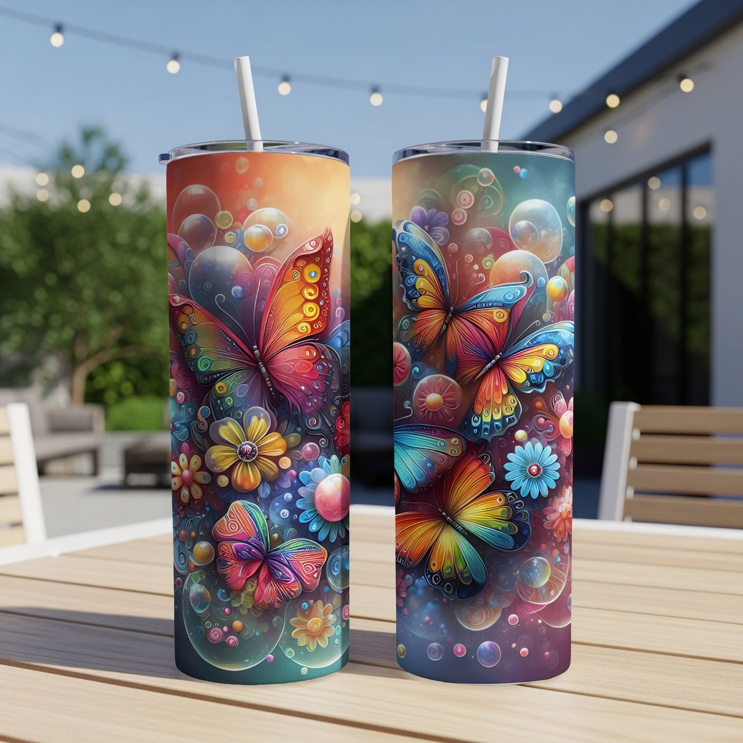 Two tumblers with vibrant butterfly and floral designs on an outdoor table.