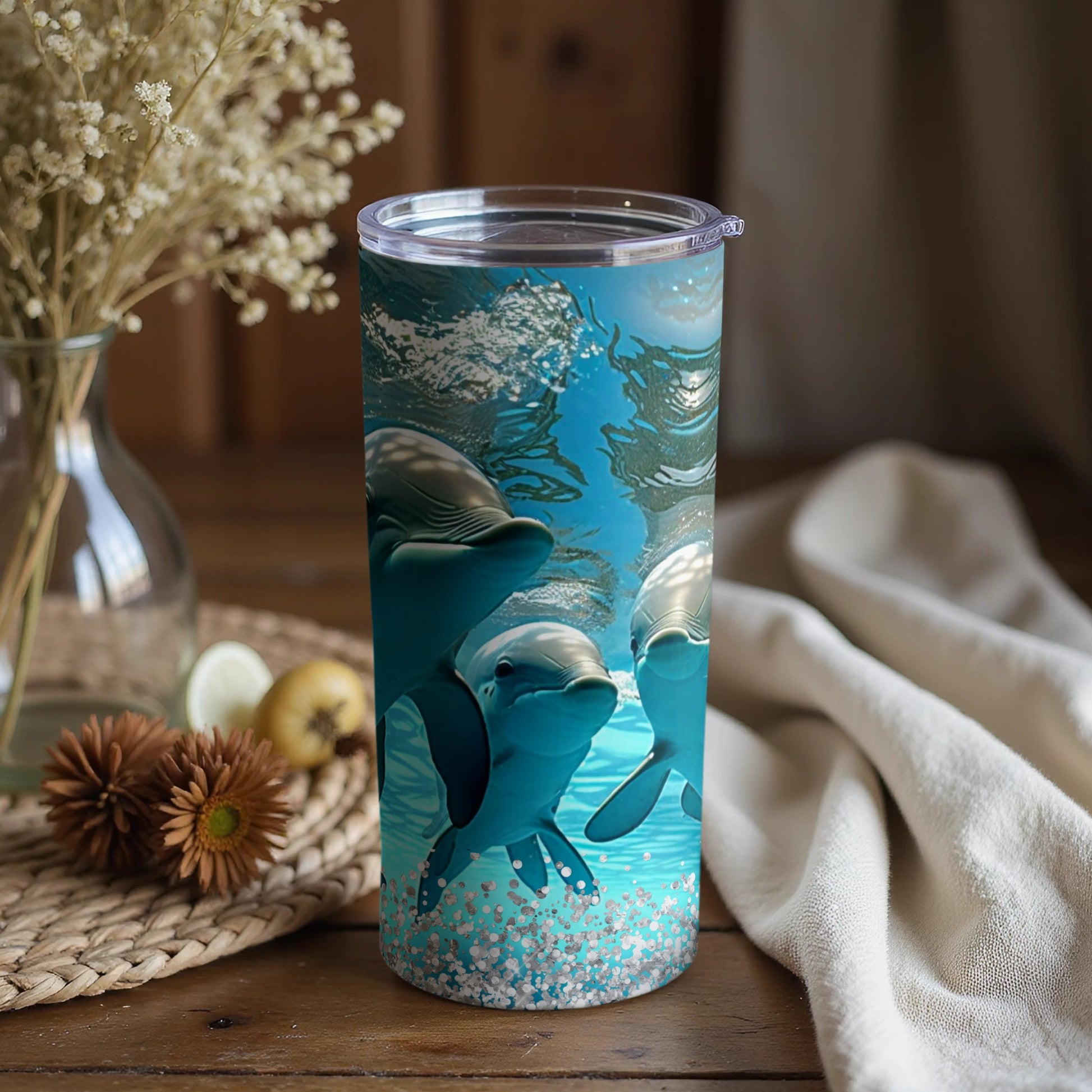 Adorable Dolphin Print Tumbler with Secure Lid Flask