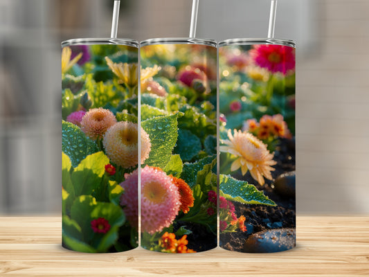 Three tumblers featuring close-ups of dew-covered pink and orange flowers.