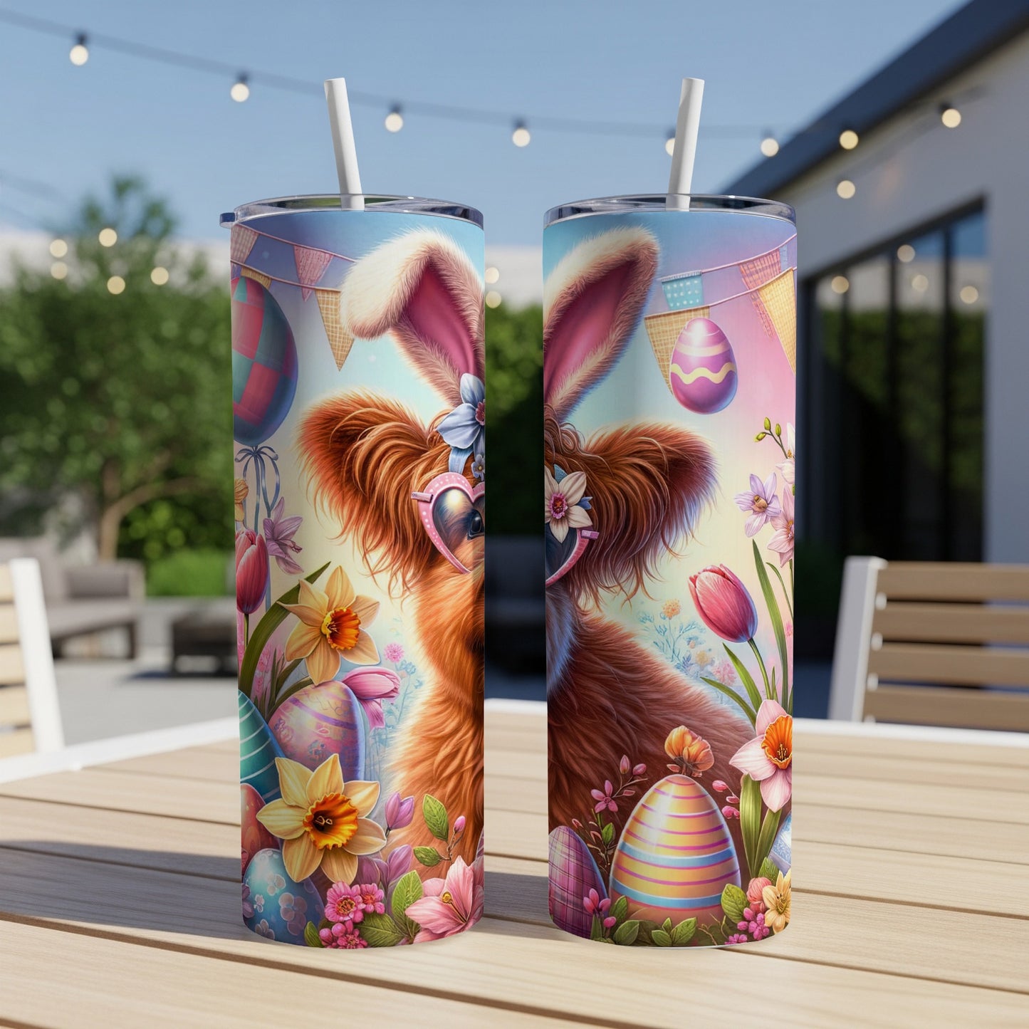 Two Easter-themed tumblers with bunny ears and floral designs.