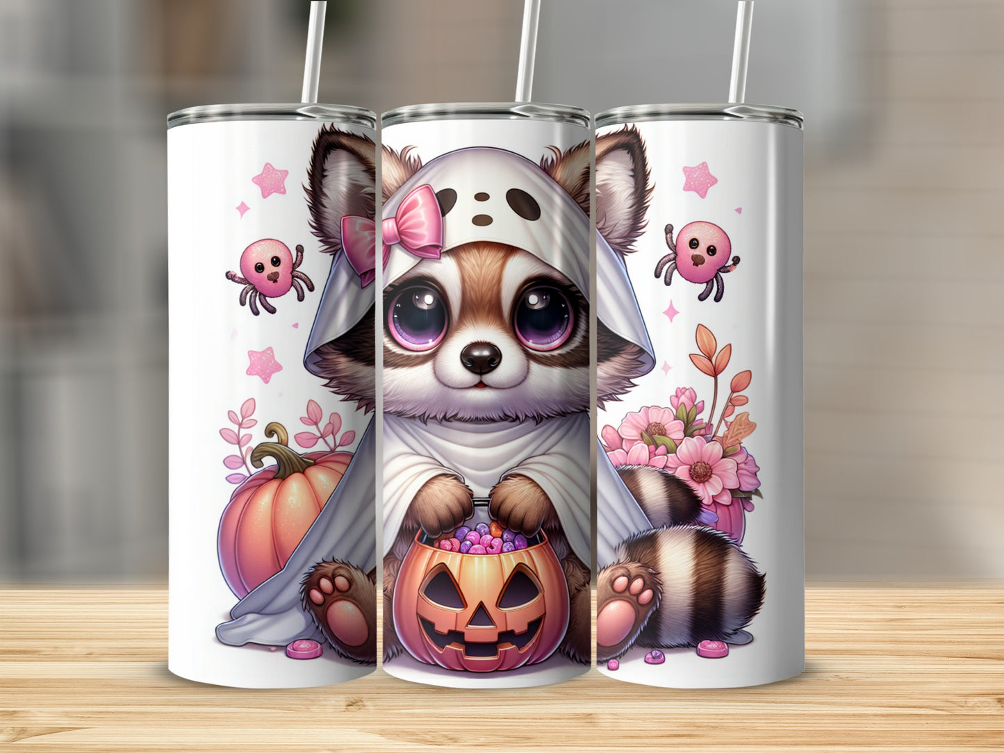 Cute raccoon in ghost costume holding a jack-o'-lantern candy bucket with pumpkins and flowers.