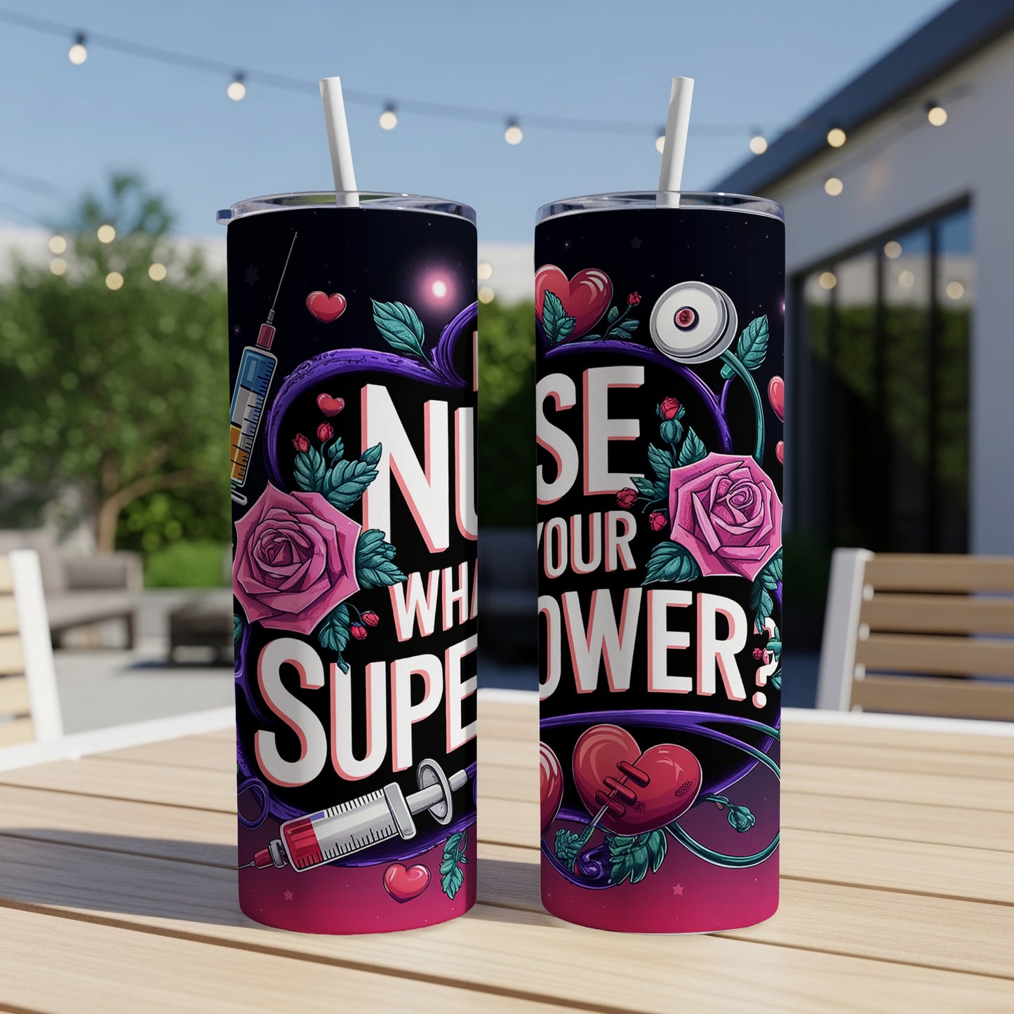 Nurse's superpower design on two tumblers with medical and floral accents.