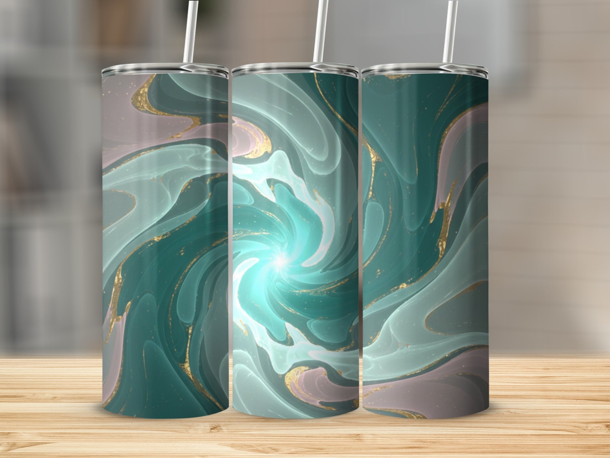 Three tumblers with a teal, pink, and gold abstract swirl design.