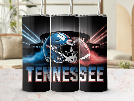 Tennessee football helmet and ball design on three tumblers.
