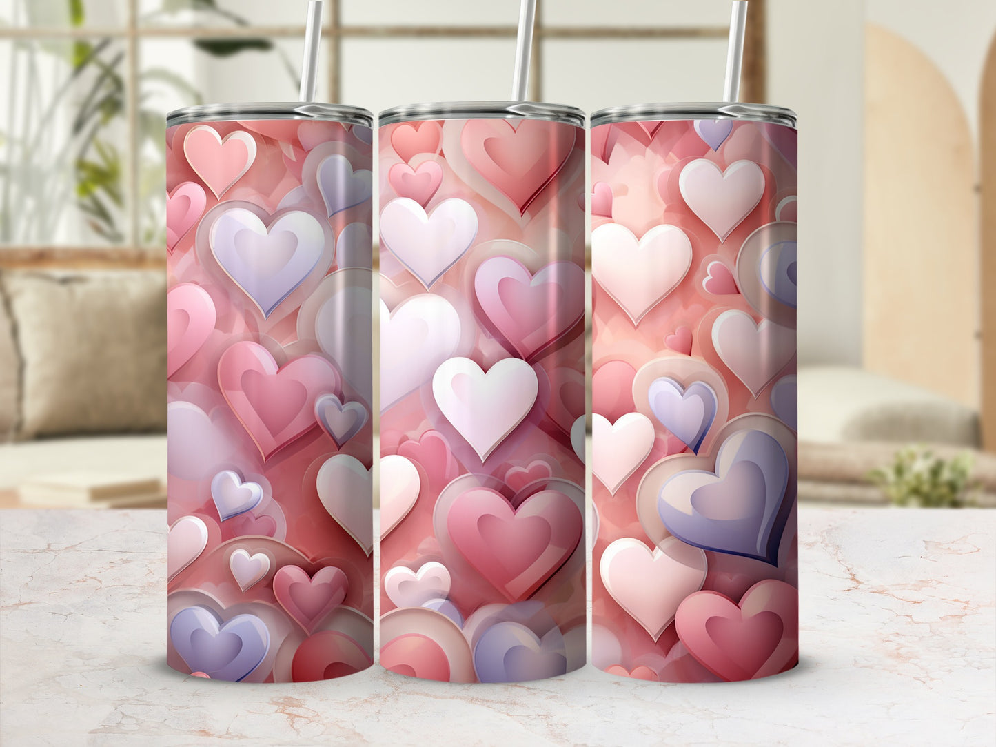 Colorful 3D Hearts Pattern Stainless Steel Tumbler