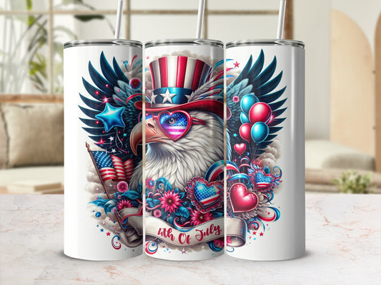 Patriotic eagle in hat and sunglasses with fireworks and "4th of July" text.