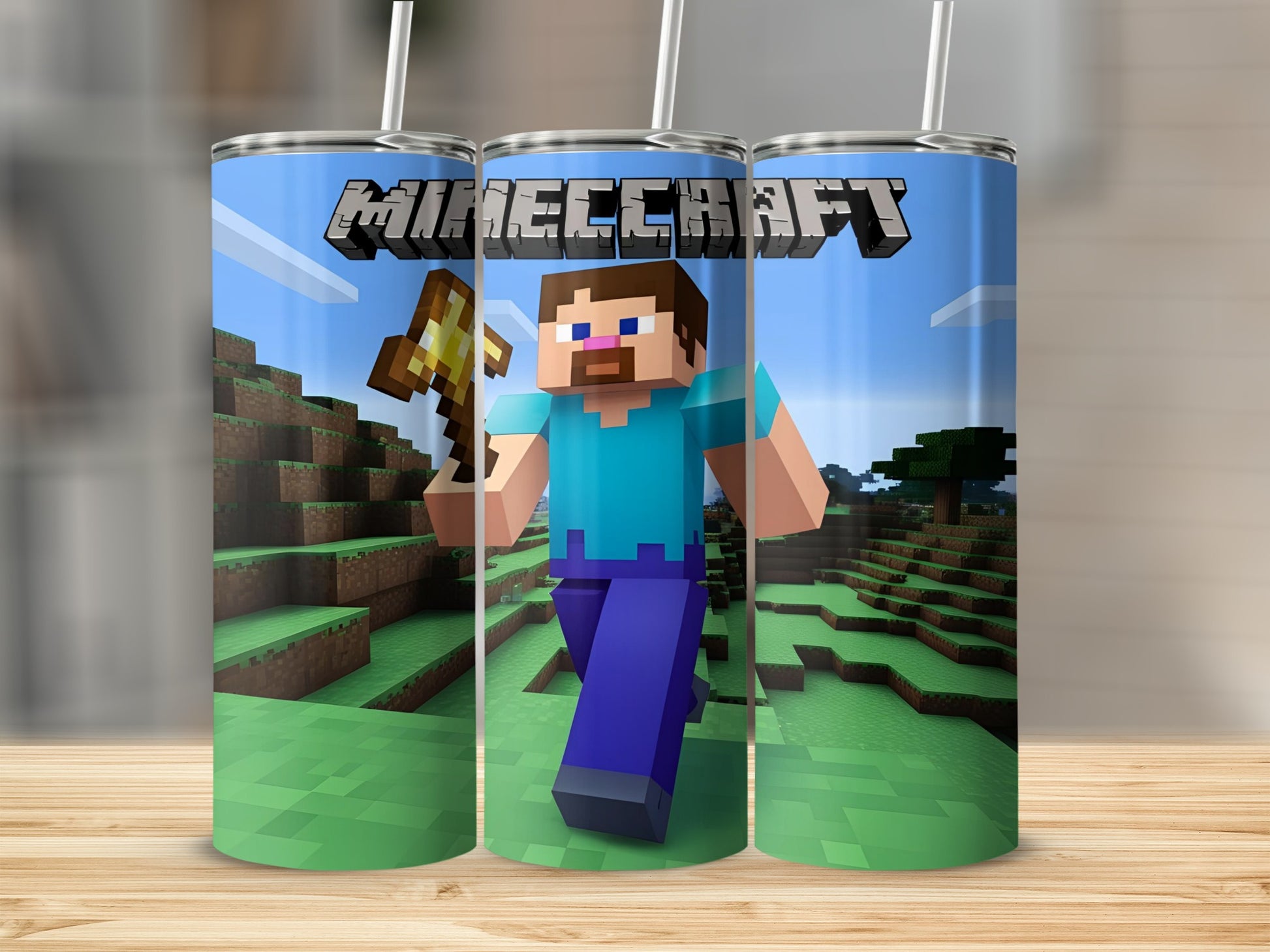 Minecraft Steve character running with an axe on a grassy landscape.