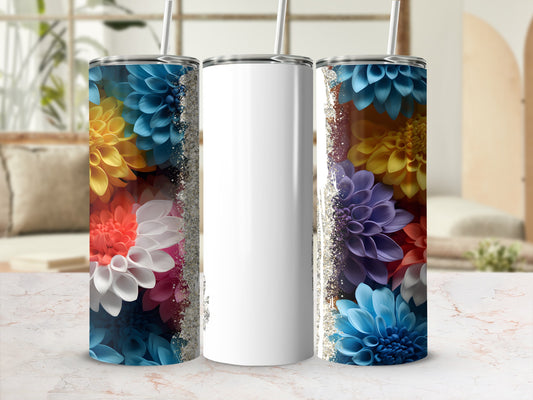 White tumbler with colorful dahlia flowers and glitter design.