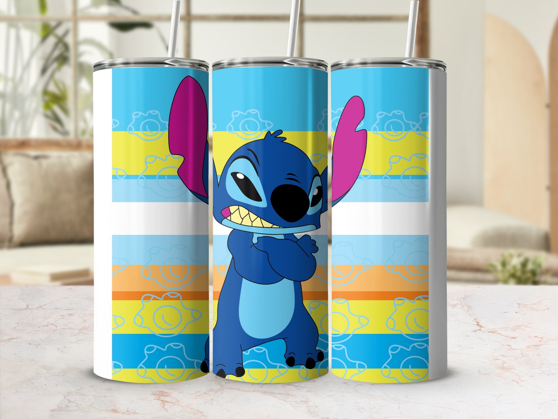 Blue Stitch character on a tumbler with a striped background.