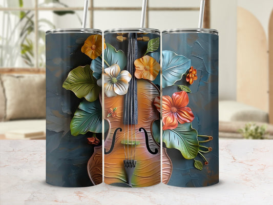 Violin with vibrant floral embellishments on a dark textured background.