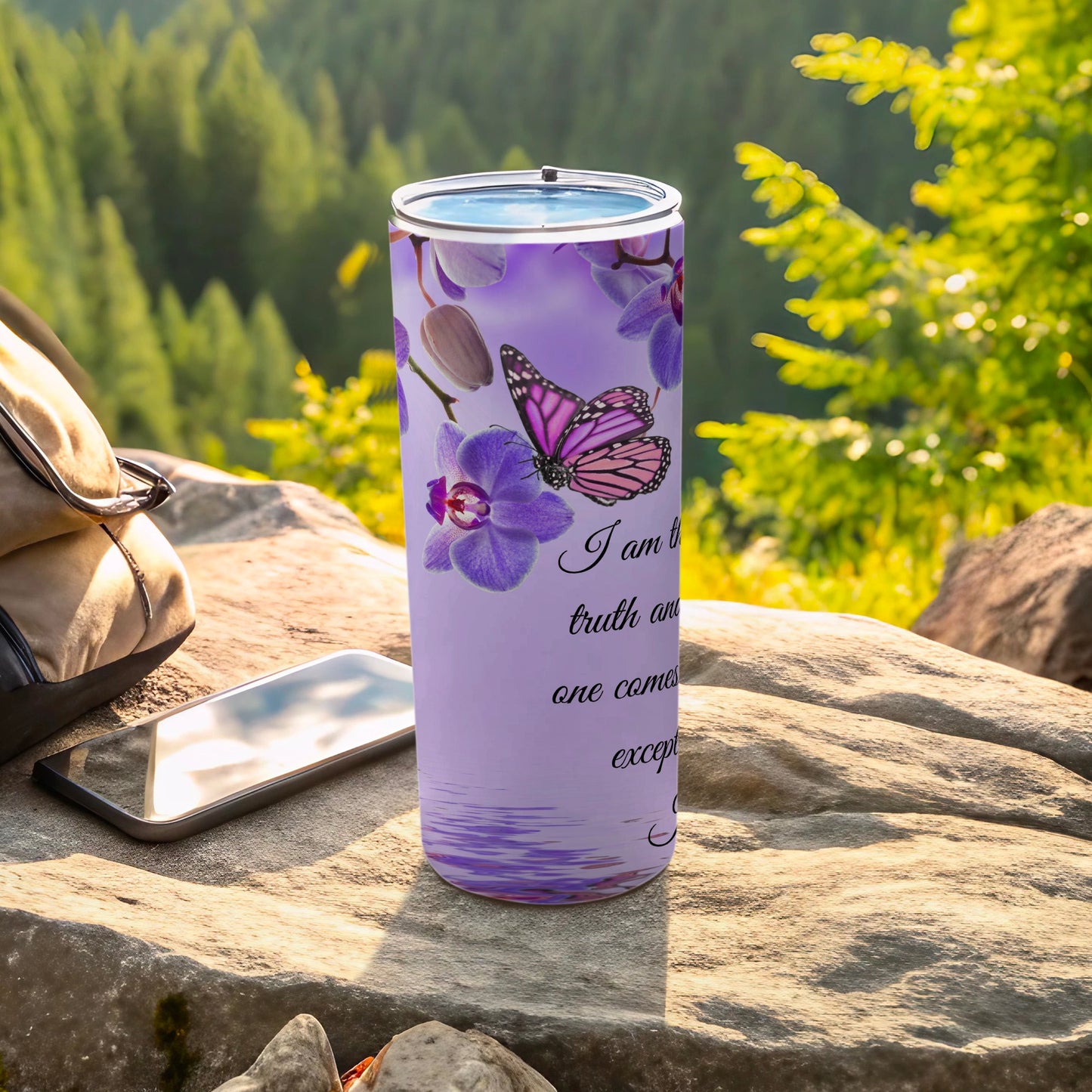 Purple Butterfly and Orchid Design Travel Tumbler
