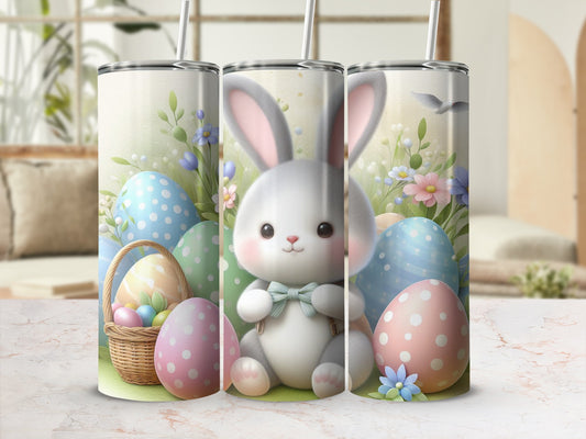 Easter bunny with pastel eggs and basket, soft floral background.