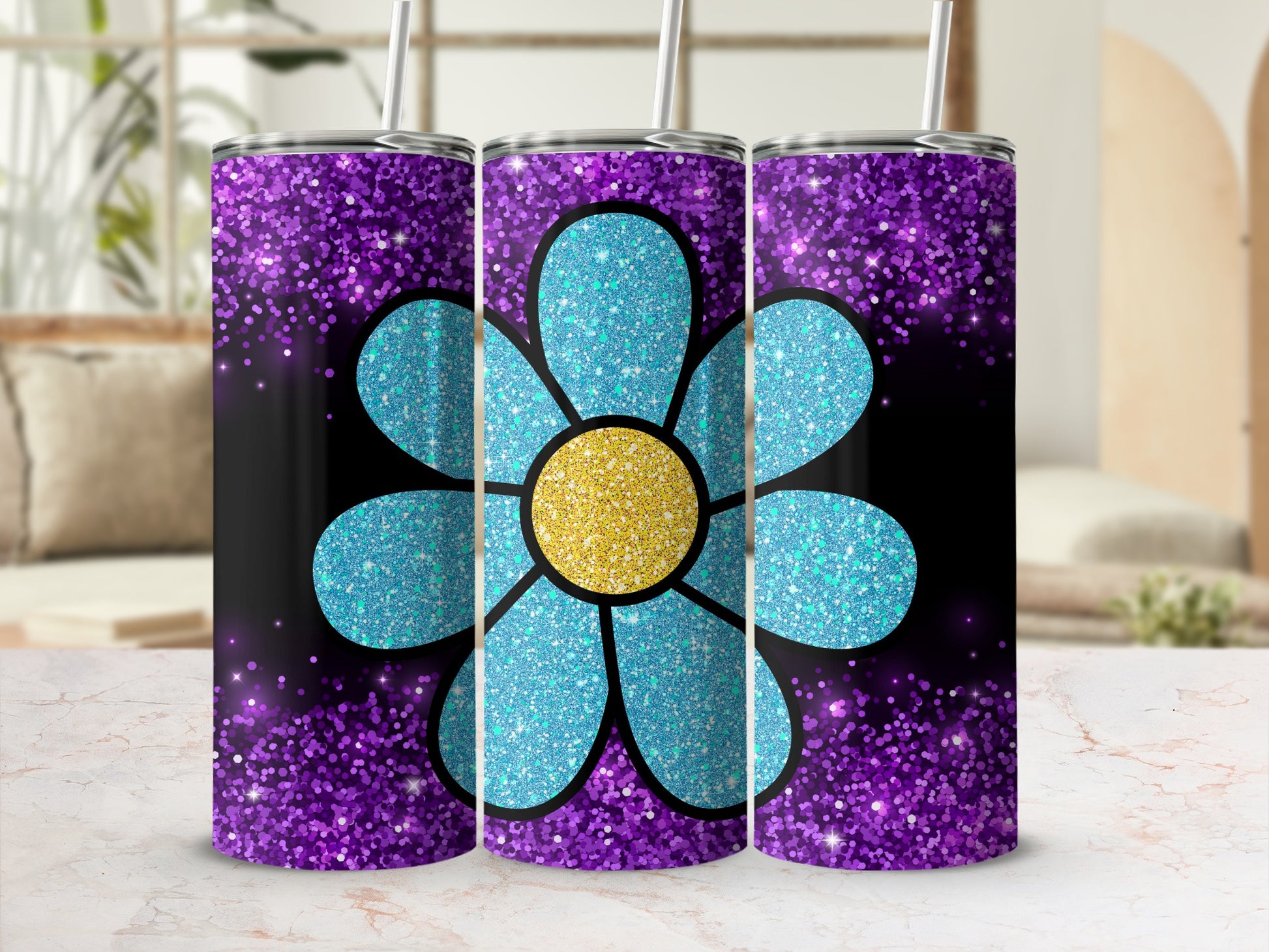 Sparkling Purple and Blue Glitter Flower Tumbler