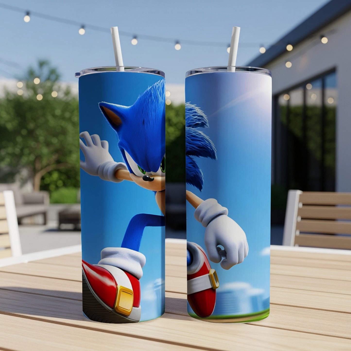 Sonic the Hedgehog on a blue tumbler, outdoors with a blurred background.