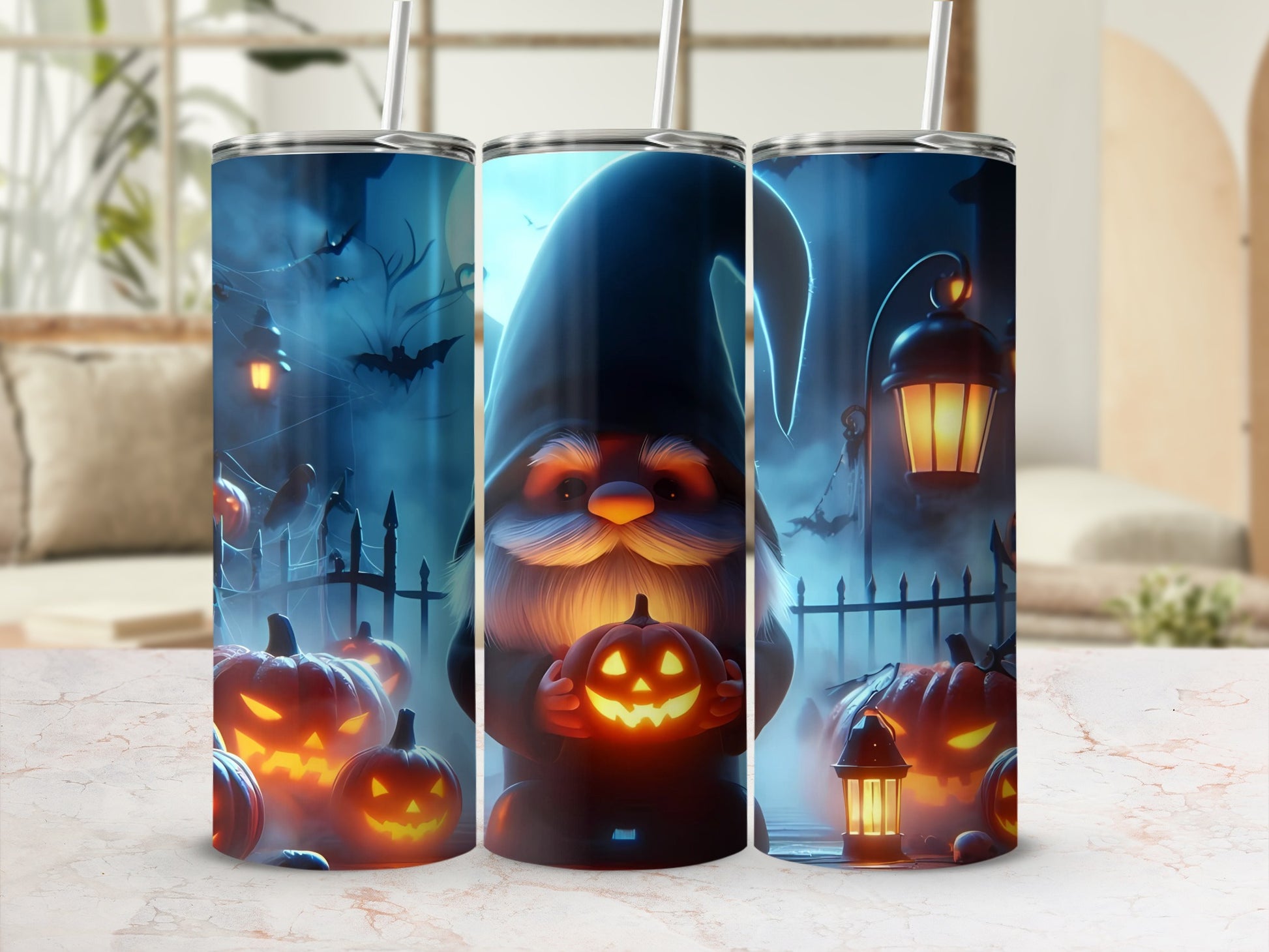 Halloween tumbler with gnome, pumpkins, bats, and lanterns on a spooky night background.