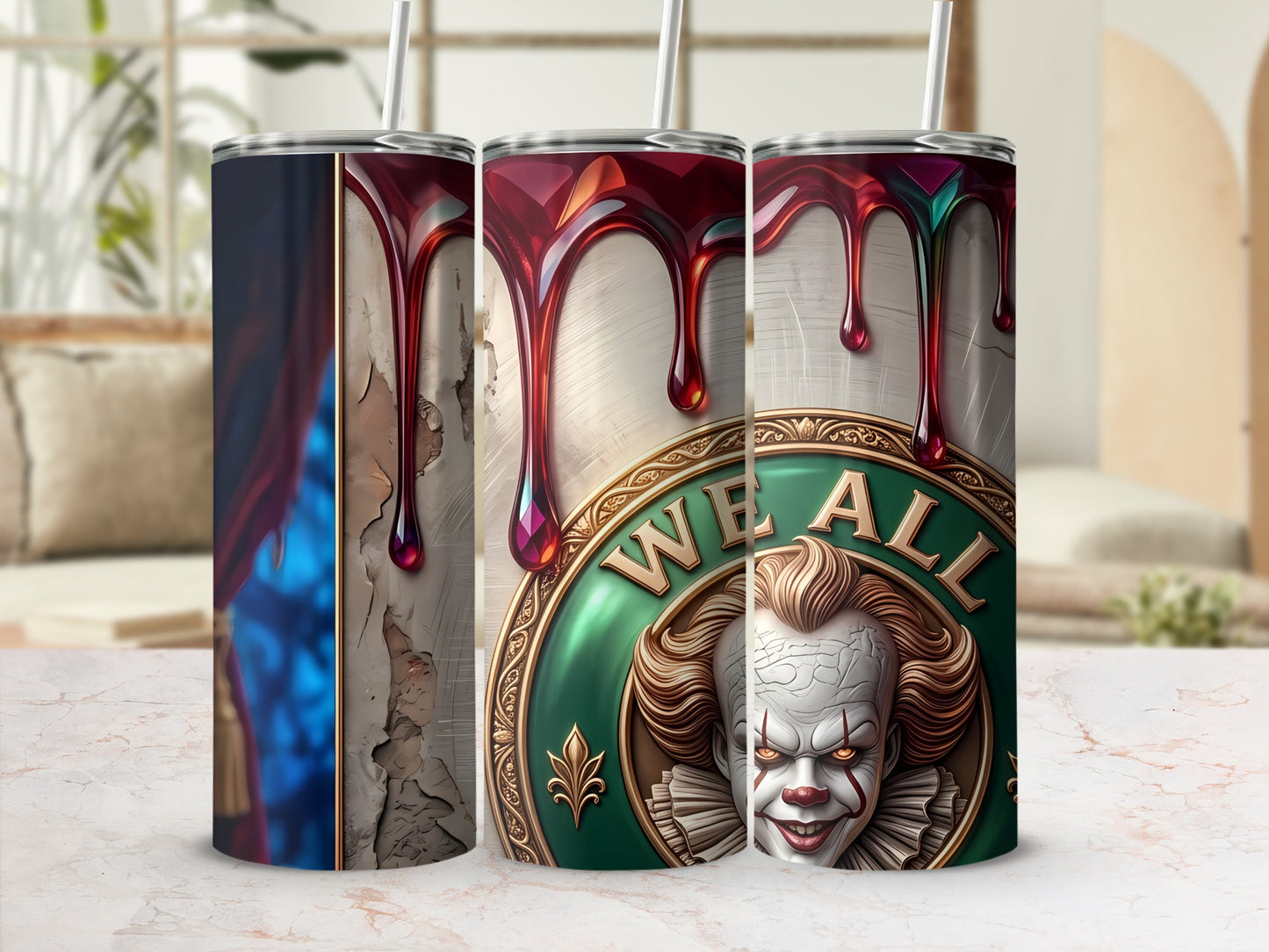 Tumbler with Pennywise and "We All Float Down Here" text.