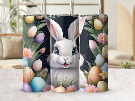 Easter bunny with colorful eggs and flowers on a tumbler.