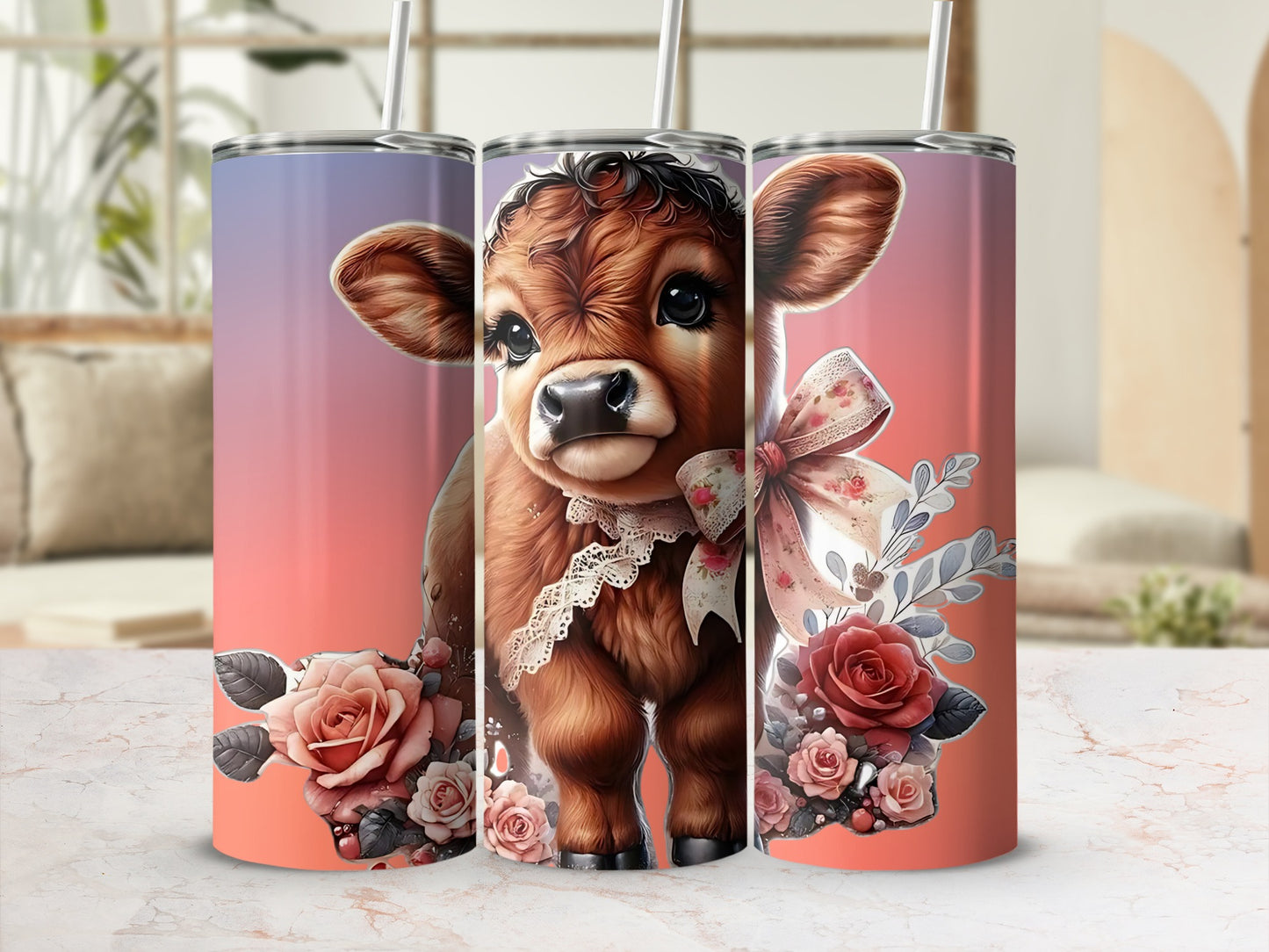 Adorable Cow and Roses Design Insulated Tumbler