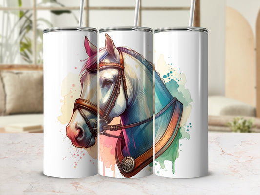 Watercolor horse head design on three white tumblers.