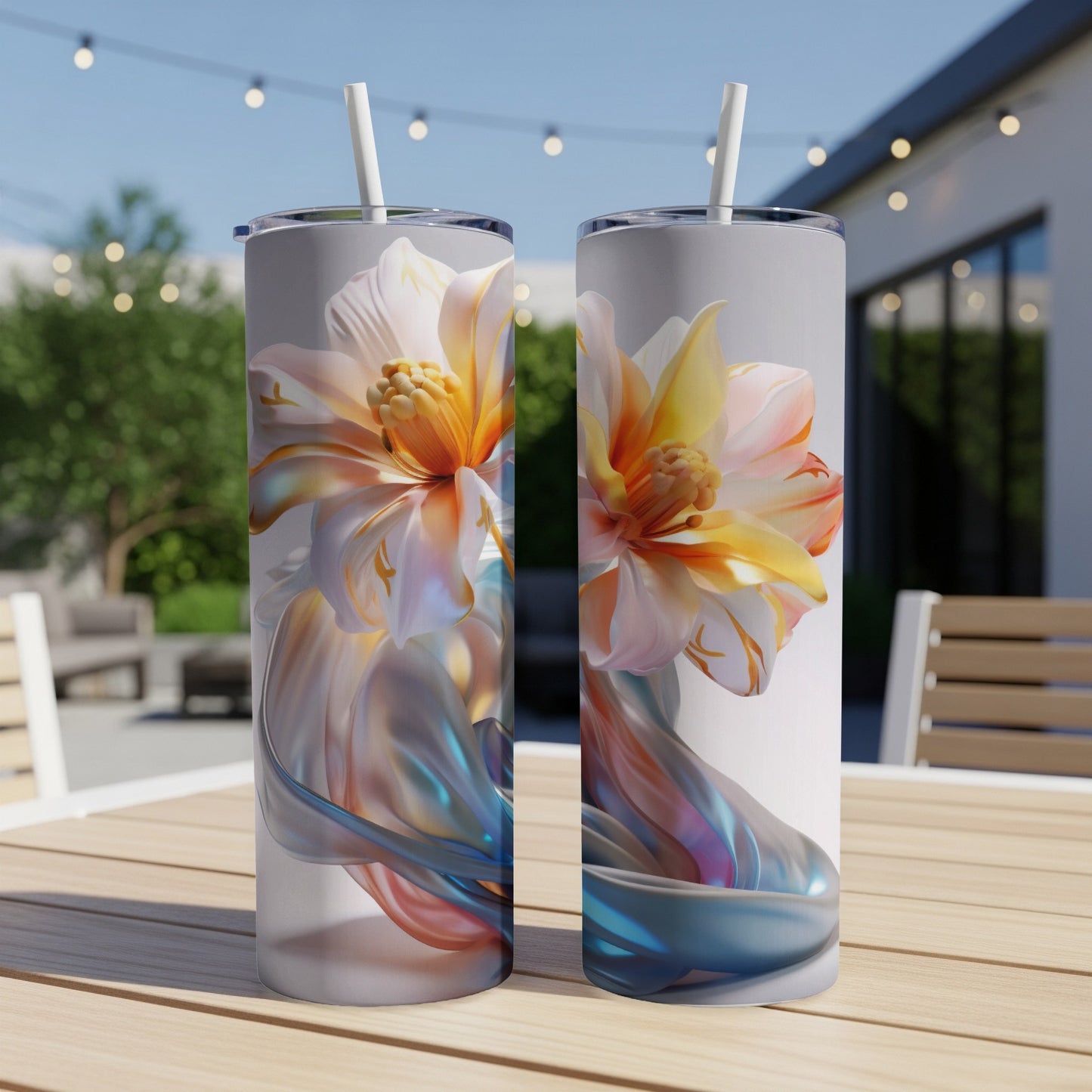 Two tumblers featuring a colorful, abstract floral design.