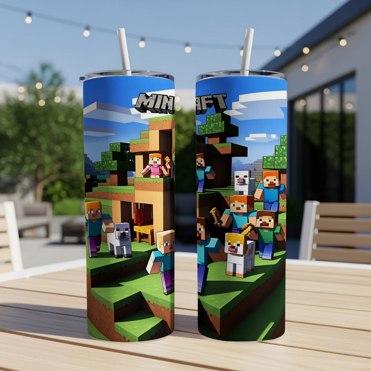 Minecraft characters and blocks on a tall, insulated tumbler with straw.