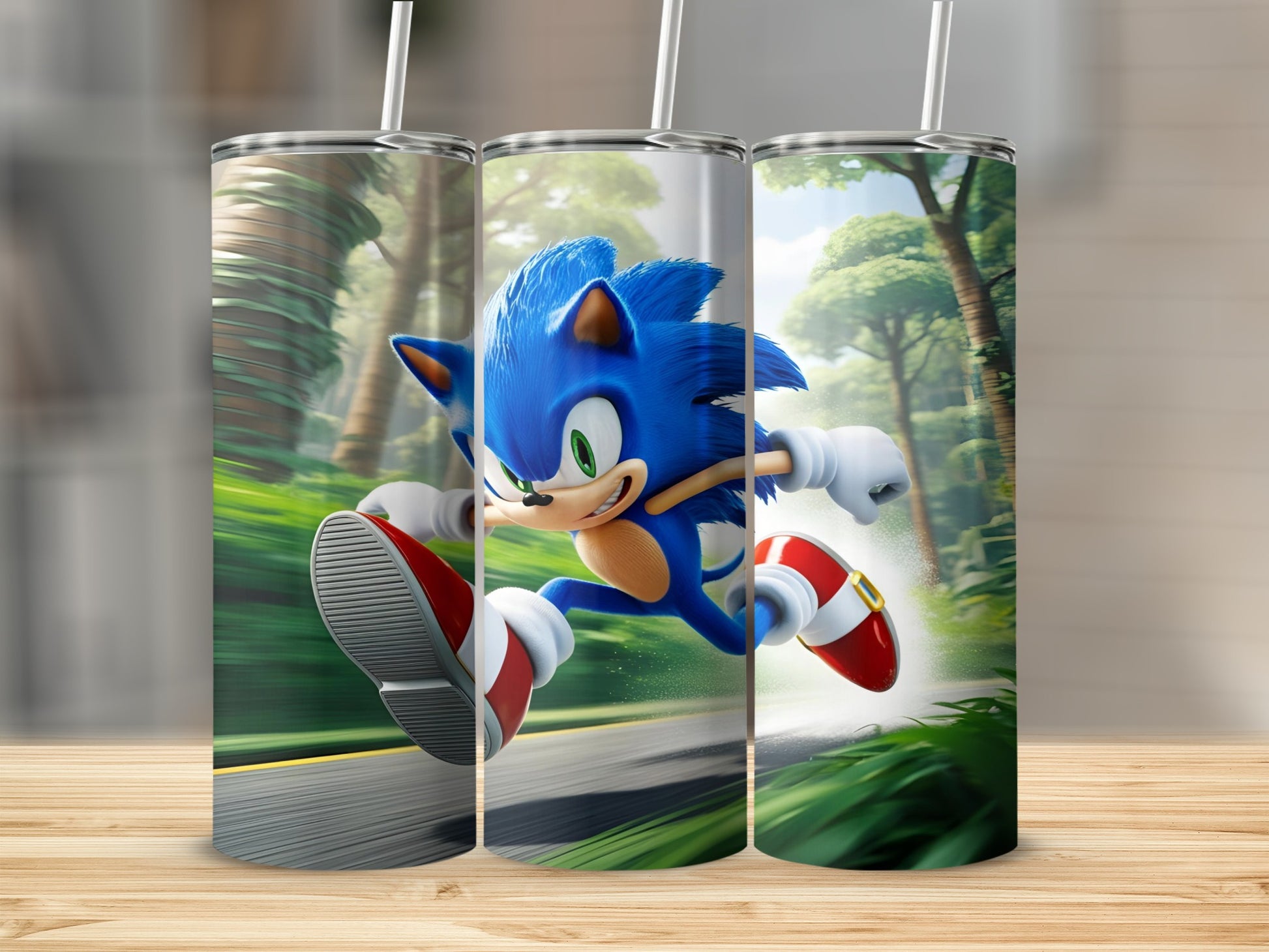 Sonic the Hedgehog running at high speed through a forest.