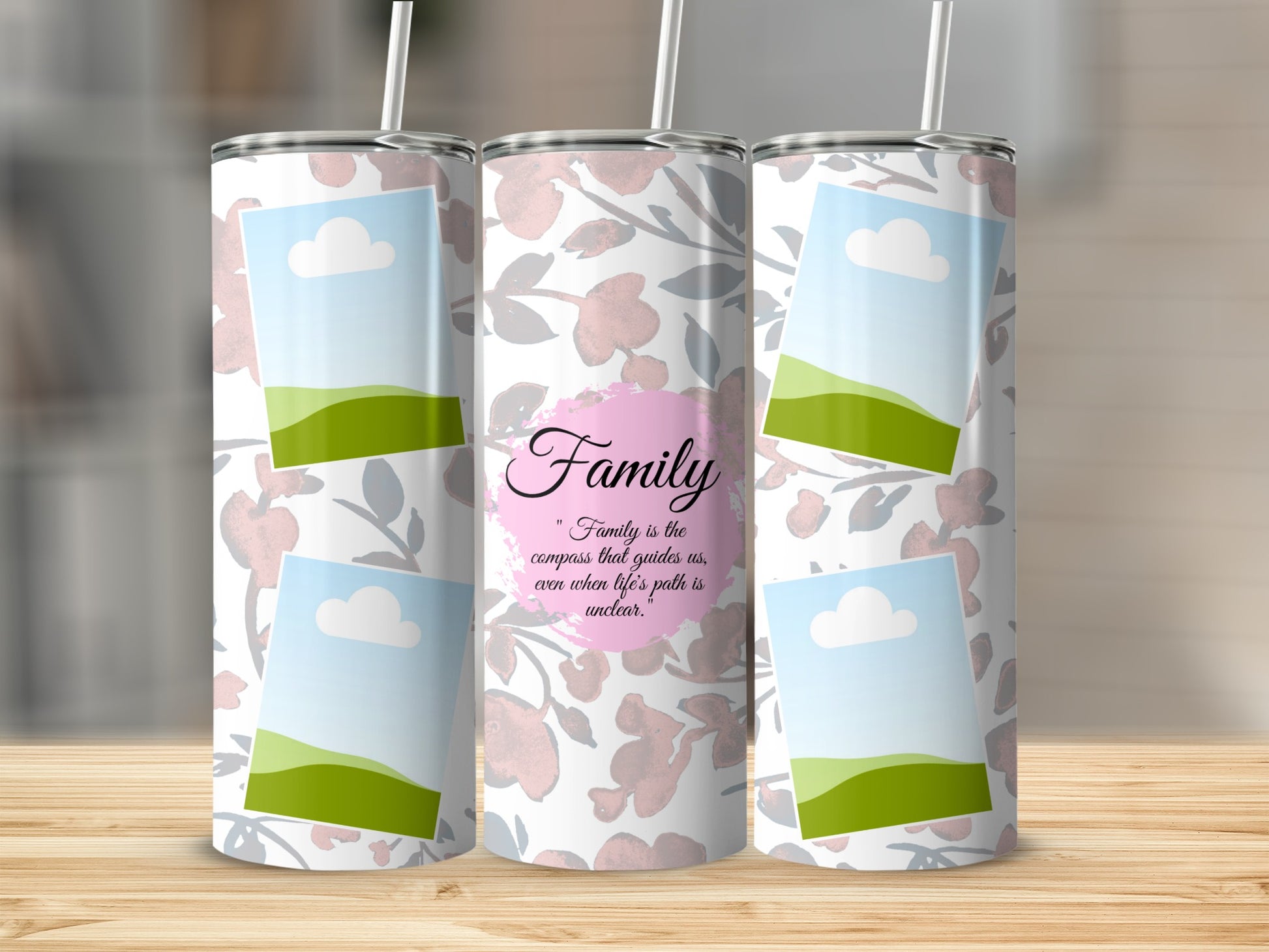 Tumblers with floral pattern, sample photo frames, and "Family" quote.