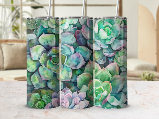Three tumblers with a watercolor succulent pattern.
