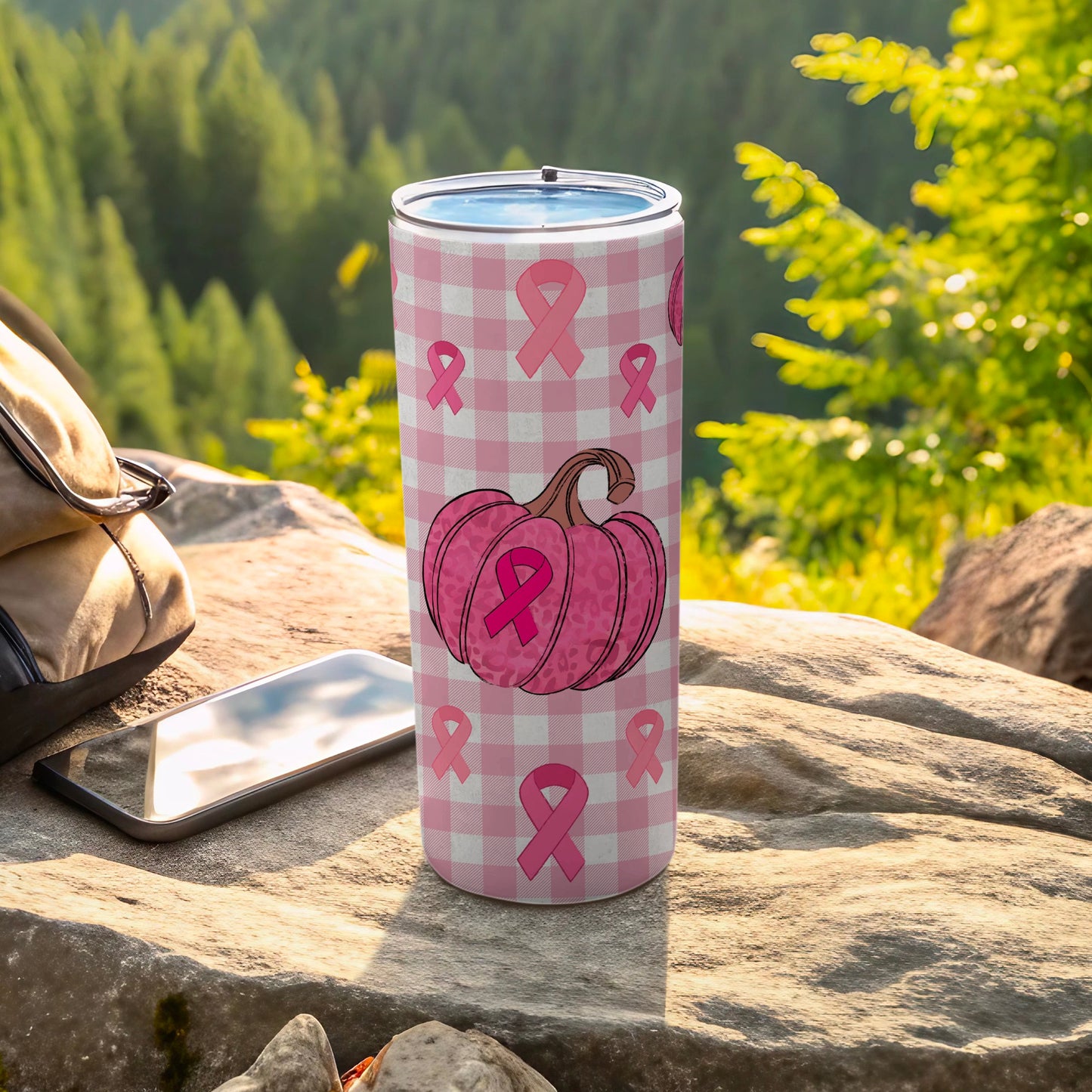 Pink gingham tumbler with breast cancer ribbons and pumpkin graphic.