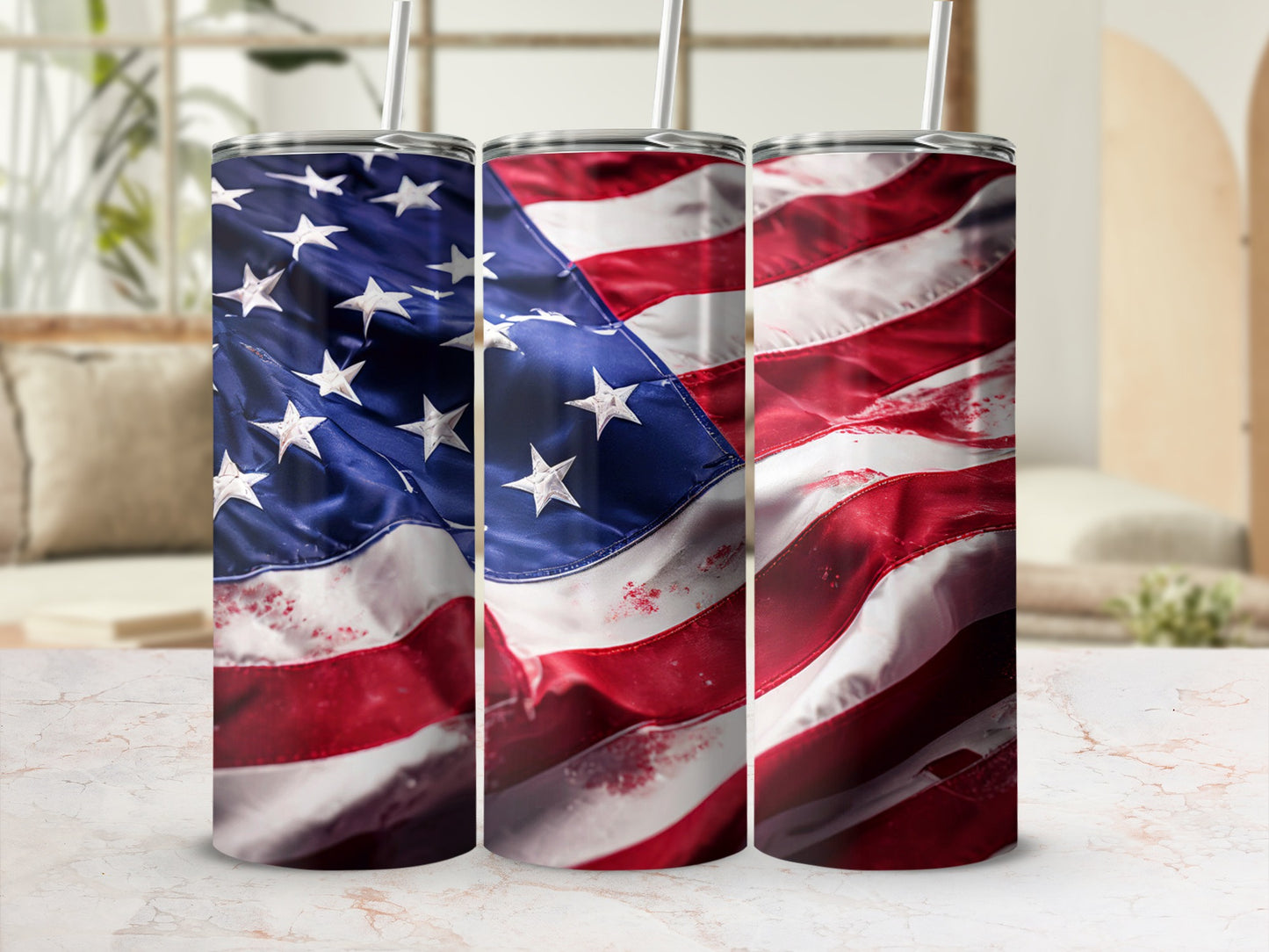 Three tumblers wrapped with the American flag design.