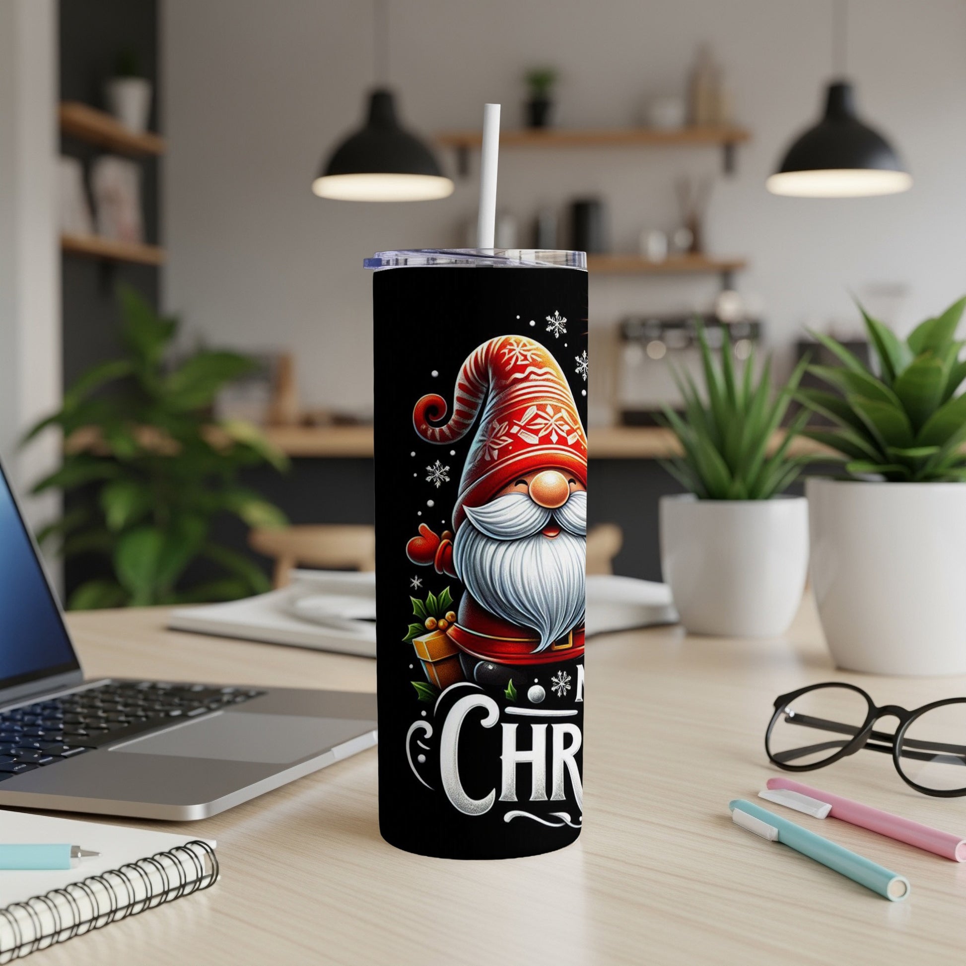 Black tumbler with a cartoon gnome in a Santa hat and "Christmas" text.