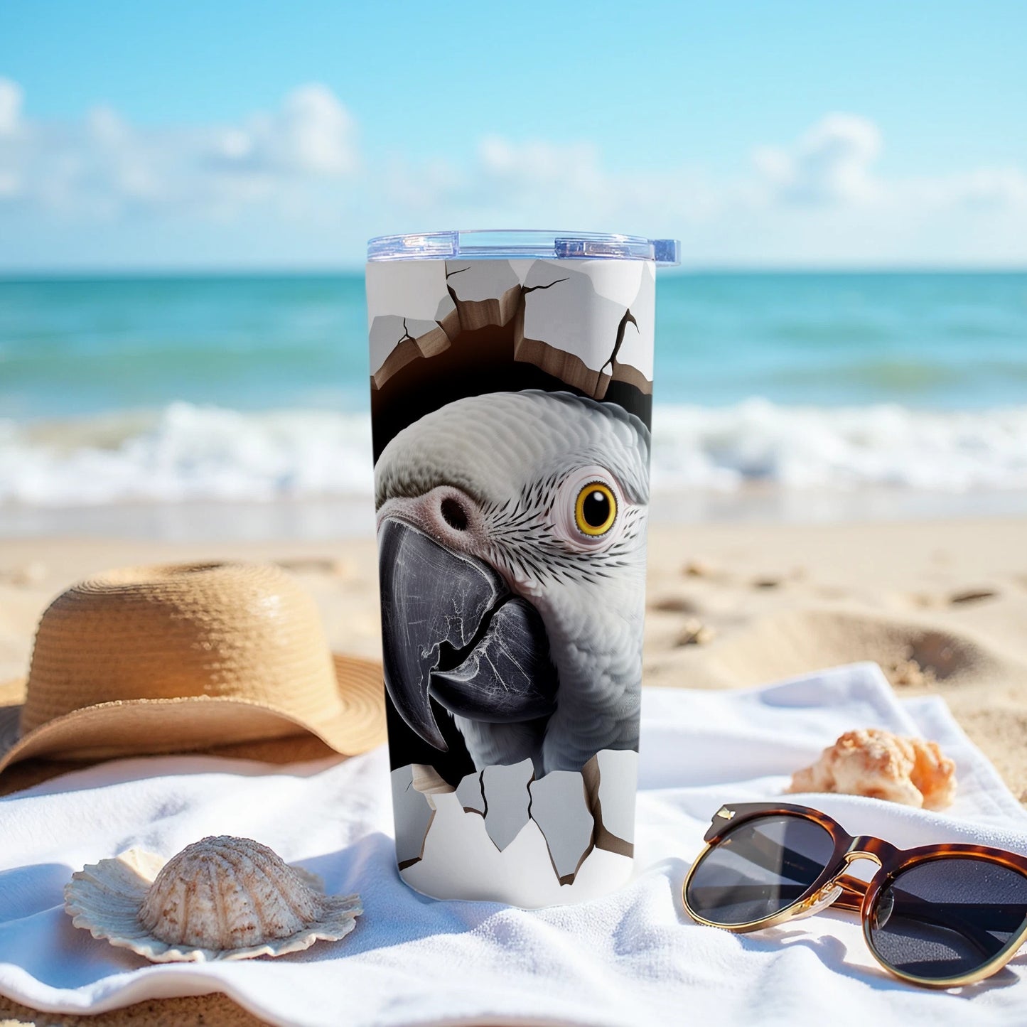 Grey Parrot Cracks Optical Illusion Tumbler product type
Grey parrot
Parrot art
Bird design
Exotic bird
Cracked effect
Optical illusion
Tumbler cup
Travel tumbler
Drinkware
Animal print
Unique design
Beach theme
Ocean vibe
Summer accessory
Gift idea
Pet bird
Wildlife art
Insulated tumbler
Drink bottle
Coffee mug