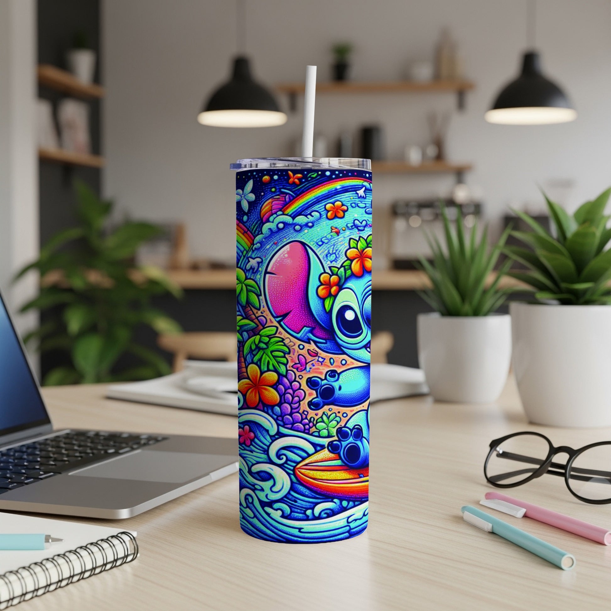 Blue and pink tumbler with Stitch surfing on waves and rainbows.