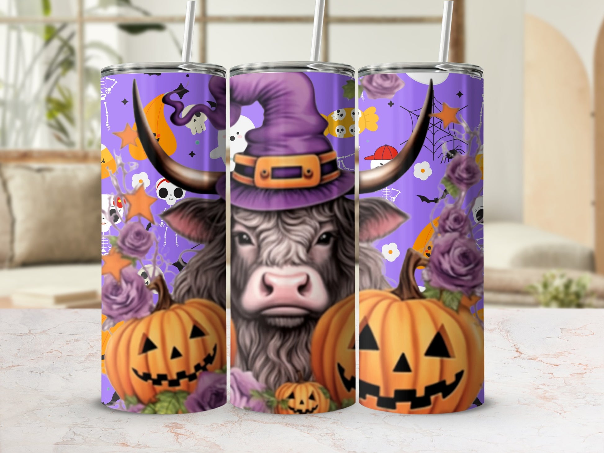 Halloween Highland Cow with Pumpkins Tumbler Product
