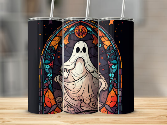 Ghost in stained glass design on a black tumbler.