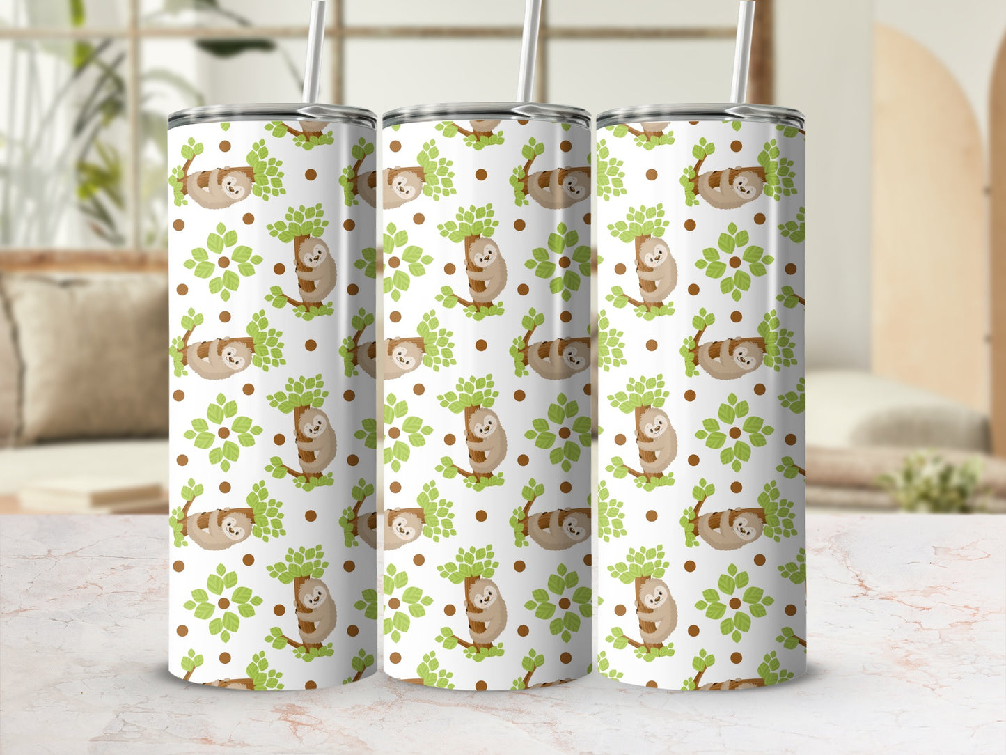 Three tumblers with a repeating pattern of cute sloths hanging from trees.