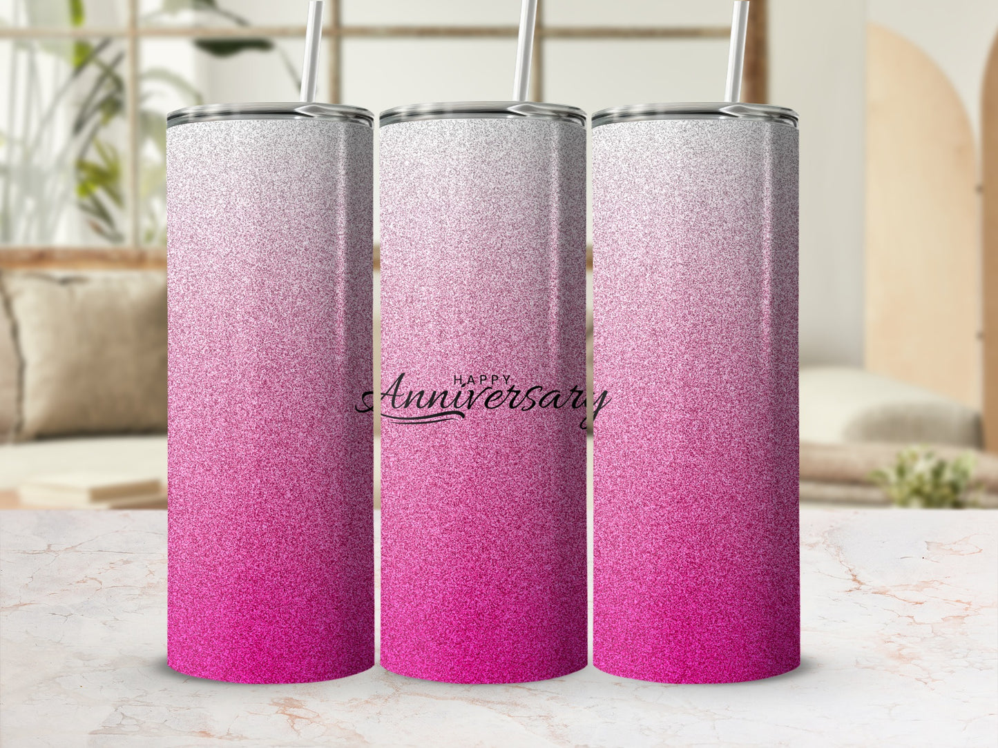 Pink and white glitter tumbler with "Happy Anniversary" text.